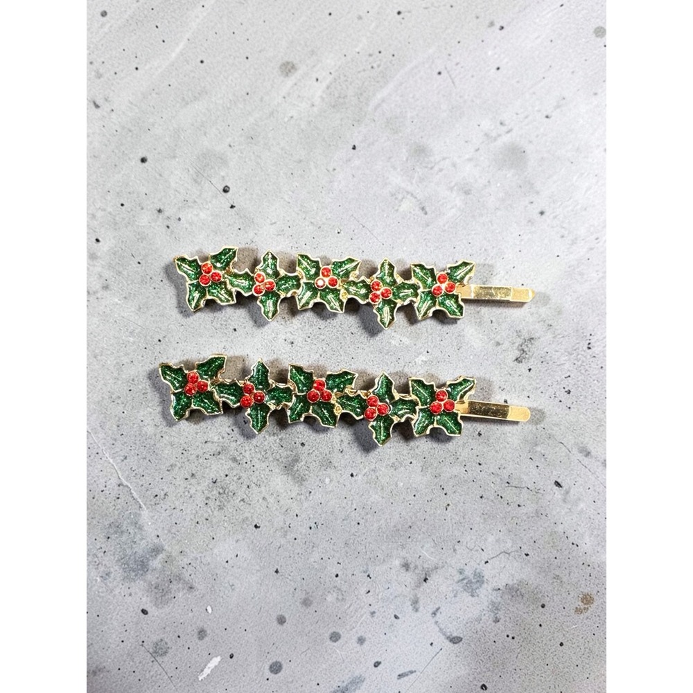 Holly Berry‎ Hair Bobby Pins Gold Tone Green Red Christmas Holiday Festive